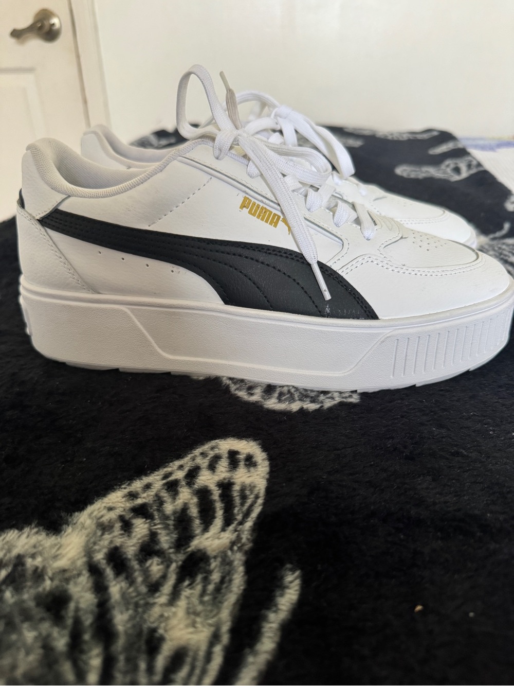 Puma White Platform Sneakers with Black Formstrip and Gold Logo